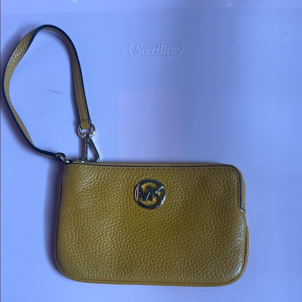 Michael Kors Mustard Yellow Pebbled Leather Wristlet with Gold MK Logo